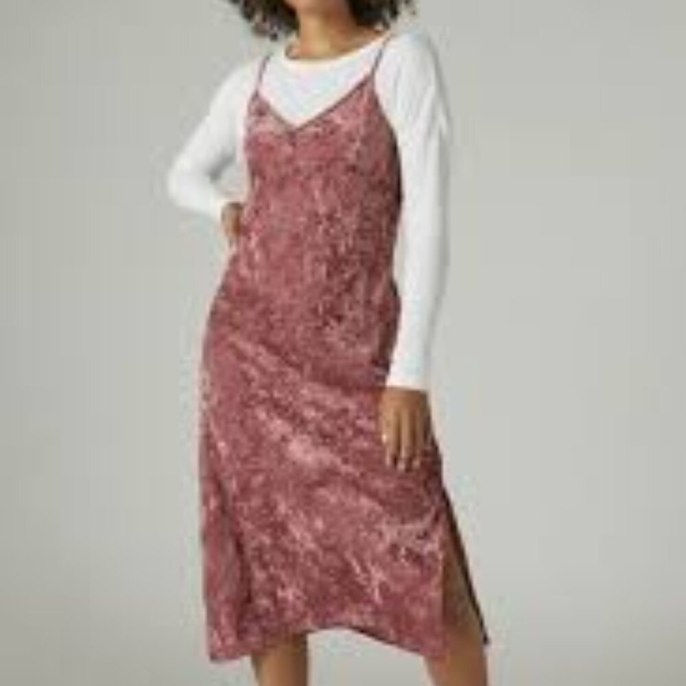 Lucky Brand Crushed Velvet Slip Dress Womens Large Pink V Neck Shift Slits Midi